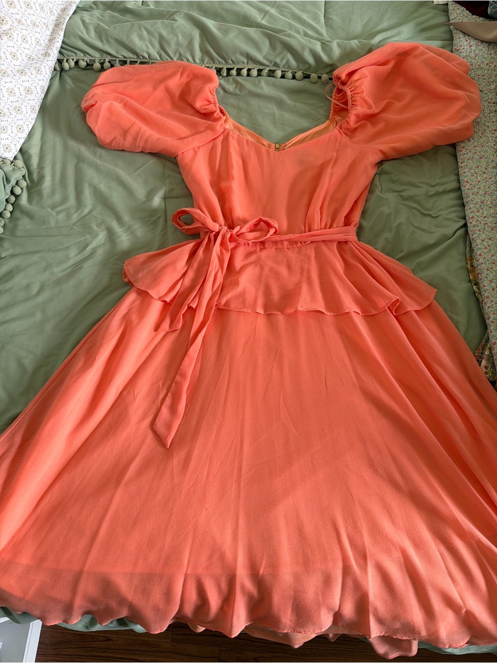 Maison Tara Coral Puff-Sleeve Tie-Waist Midi Dress